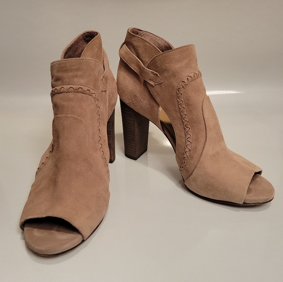 Vince Camuto Shoes - Vince Camuto Conley Buckle Open Toe Peep Toe Suede Heeled Sandal Booties 6.5